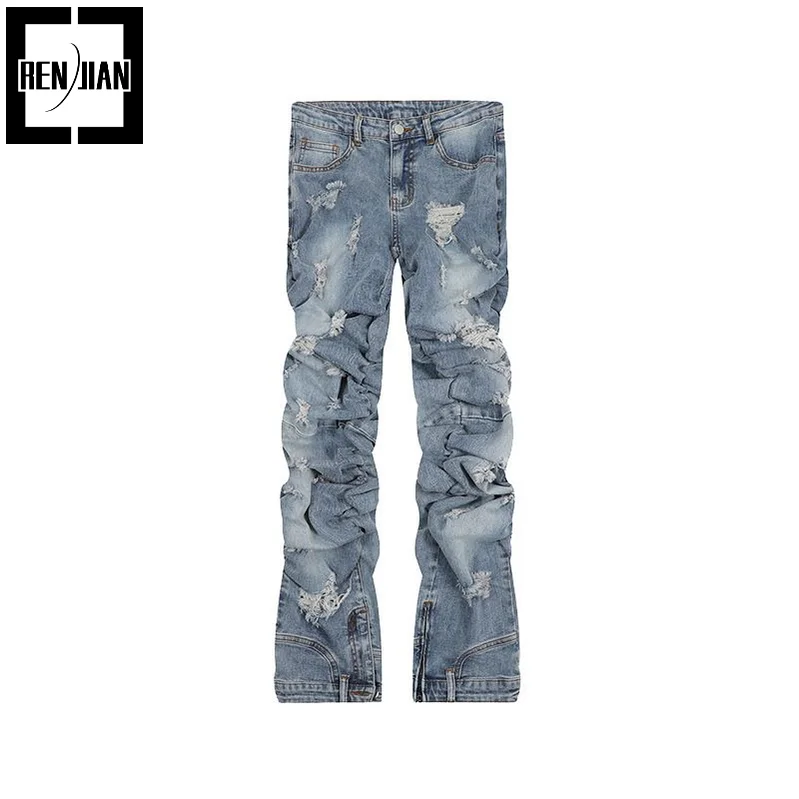 

Уличные рваные джинсовые брюки, плиссированные потертые джинсовые брюки в стиле хип-хоп, модная уличная одежда, джинсовые брюки в стиле Vibe