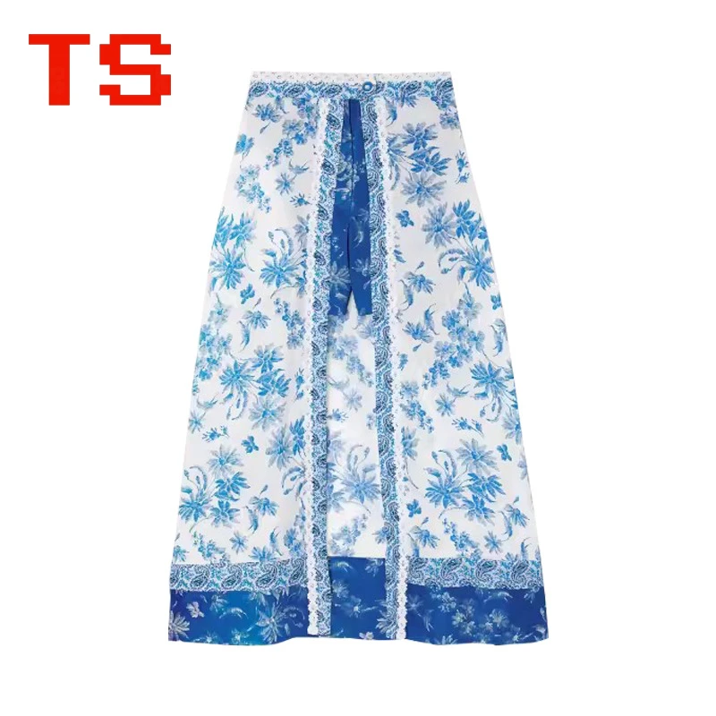 

Blue Print High Waist Half-body Skirt 2023 Early Autumn New French Elegant Half-body Skirt Open Lace Lace Long Skirt