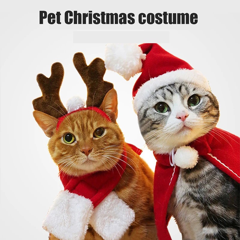 

Pets Christmas Cloak Hat Holiday Suit Cat Dog Costume Santa Cosplay Deer Head Hoop Elk Hat Creative Cute Pet Clothes