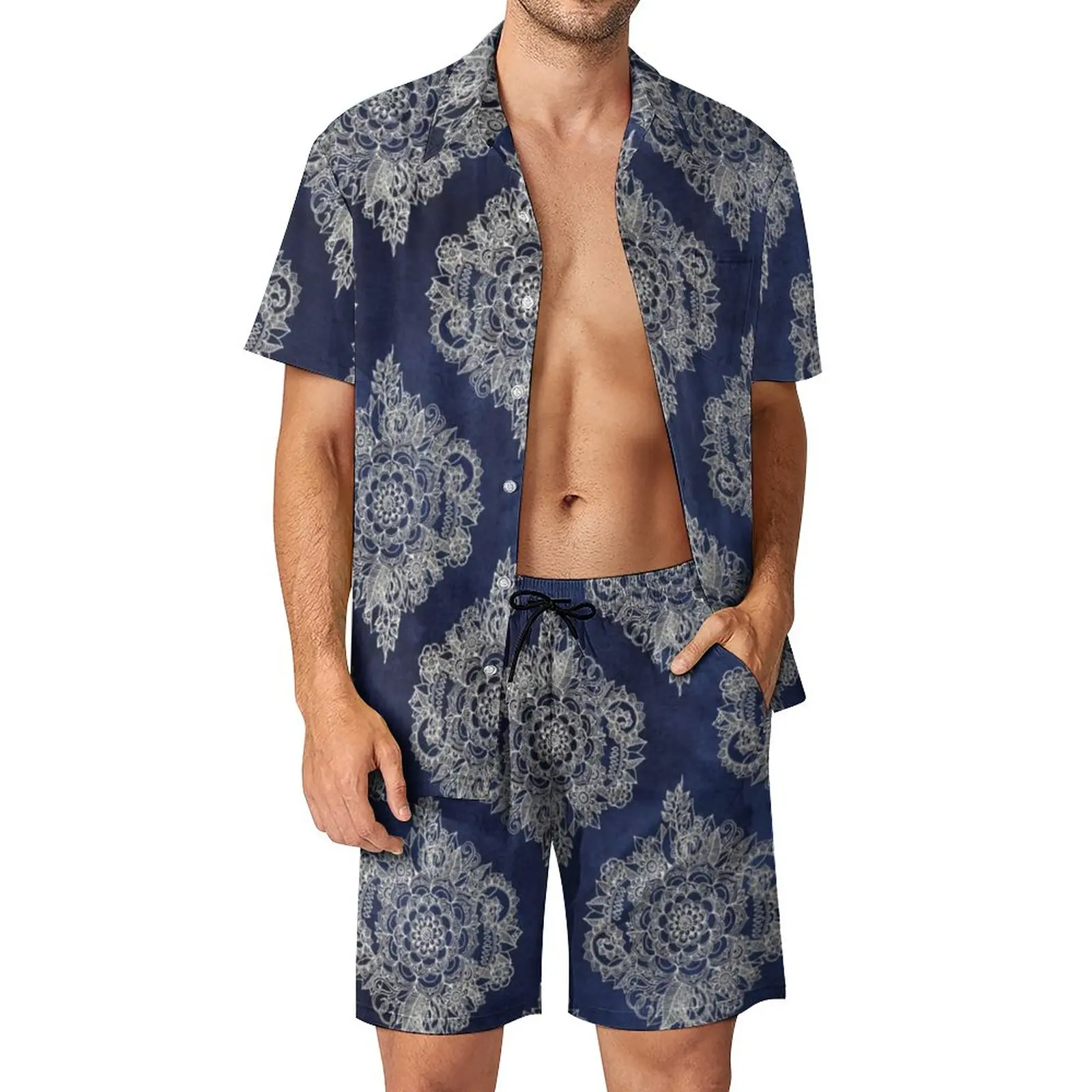 

Vintage Mandala Men Sets Cream Floral Moroccan Trending Casual Shirt Set Short Sleeve Shorts Summer Outdoor Suit Plus Size