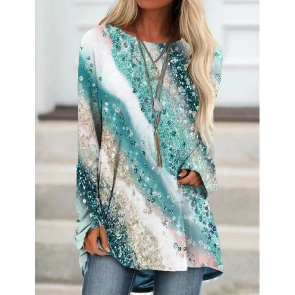 

Fall Women's Elegant T Shirt Round Neck Pullover Slim Top Retro Tee Oversized Street Printed Long Sleeve Clothes Casual Shirt