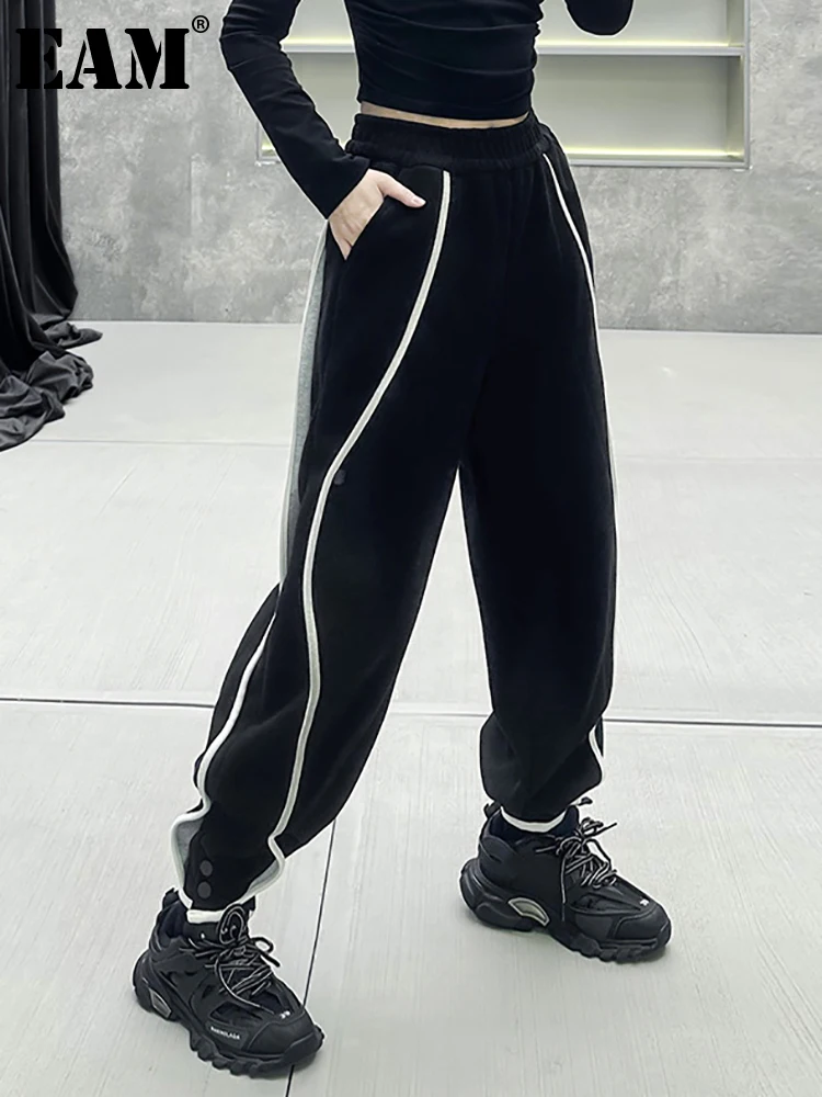 

[EAM] Черные Плотные шаровары с высокой эластичной талией, новые свободные брюки, женские модные весенне-осенние 2023 1DH2431