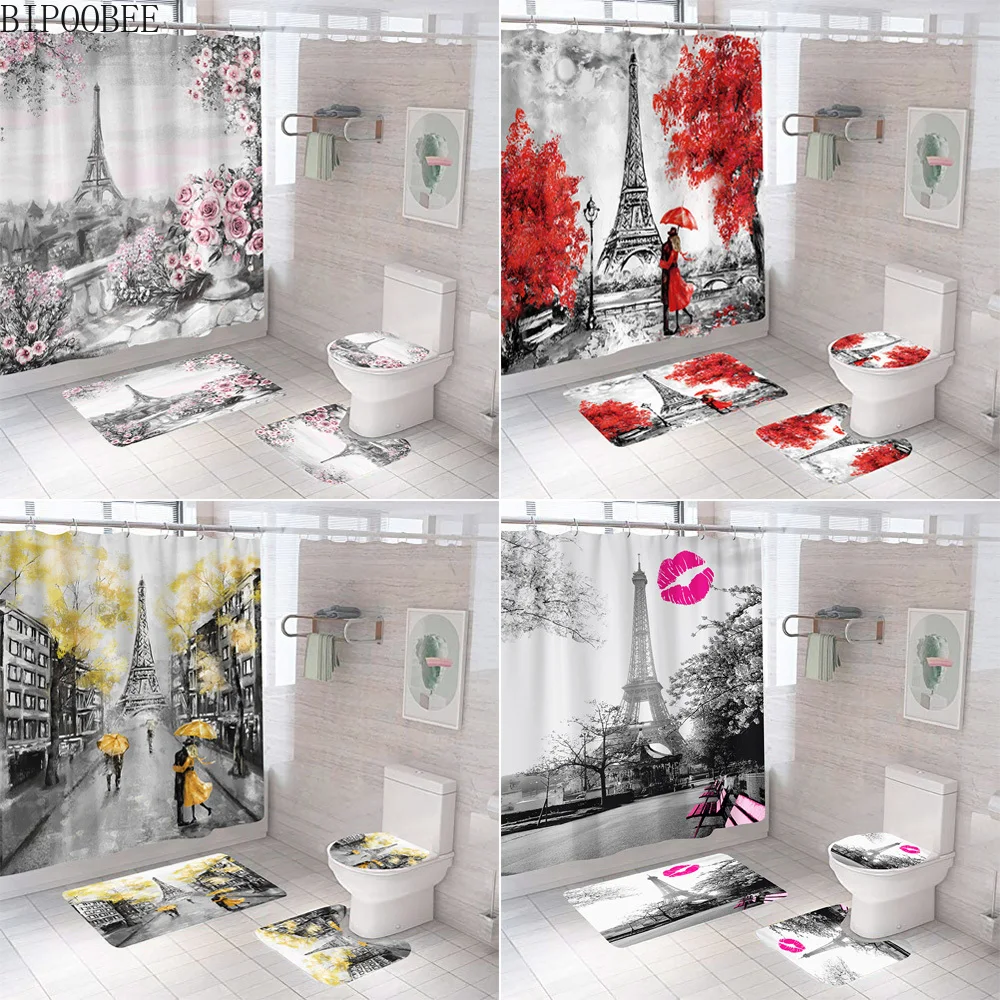 

3D Eiffel Tower Bathroom Curtain Set Paris Landscape Bath Mat Sets Shower Curtains with Hooks Non-Slip Pedestal Rug Toilet Cover