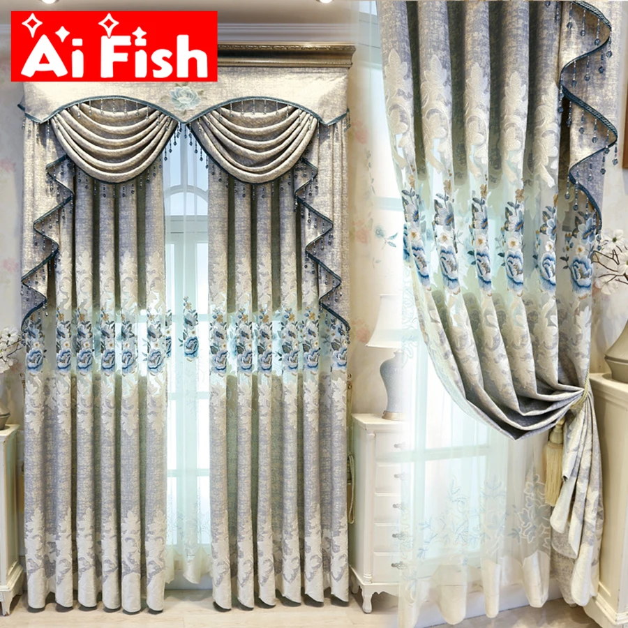 

European Chenille Peony Laser Embroidered Hollow Water-soluble Curtains For Living Room Luxury Drapes Bedroom Sliding Glass Door