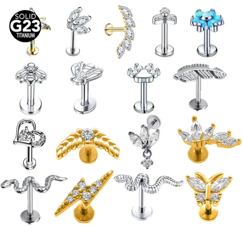 ASTM F136 G23 Titanium Snake Bee Butterfly Labret Stud Flower CZ Daith Conch Earring Lightning Heart Internal Thread Pierccing