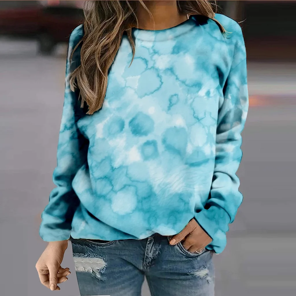 

[New In] Women's long sleeves T shirt Scenery Color Block Print Round Neck Basic Tops Blue