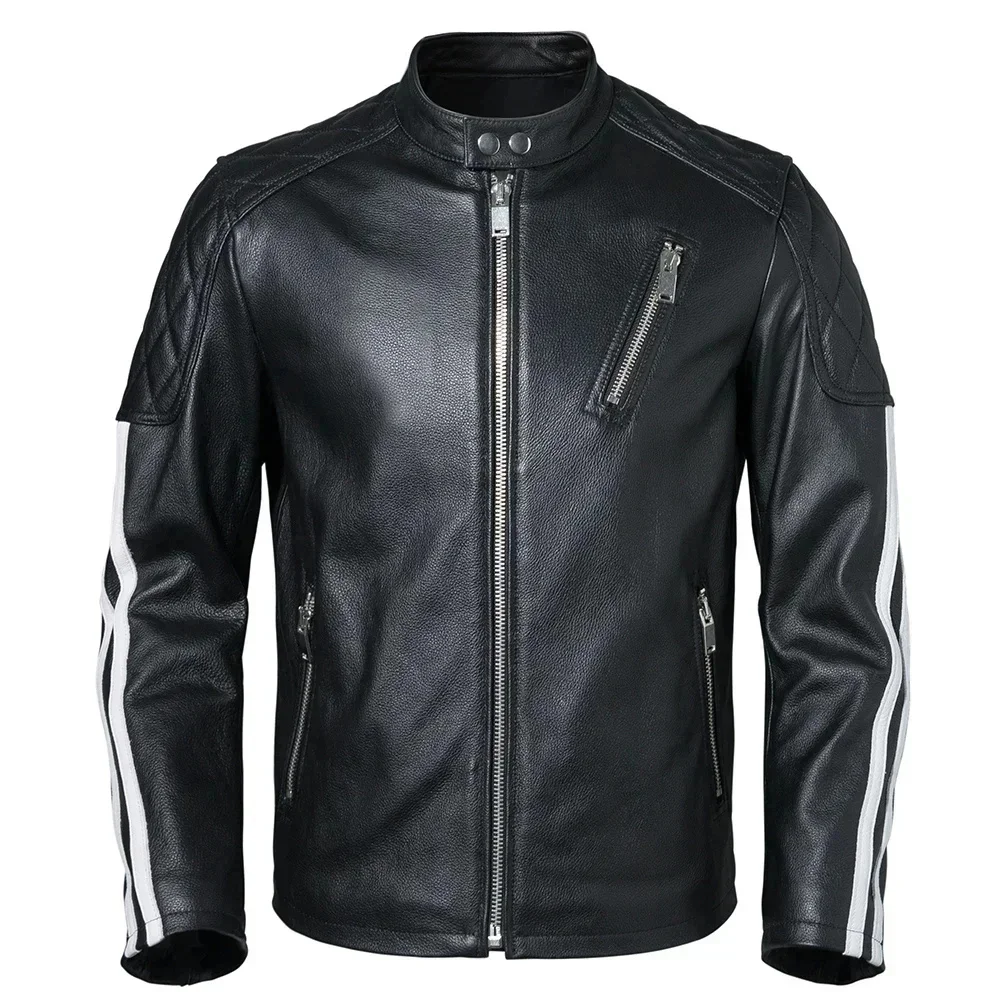 Куртка мужская из натуральной воловьей кожи в белую полоску на осень