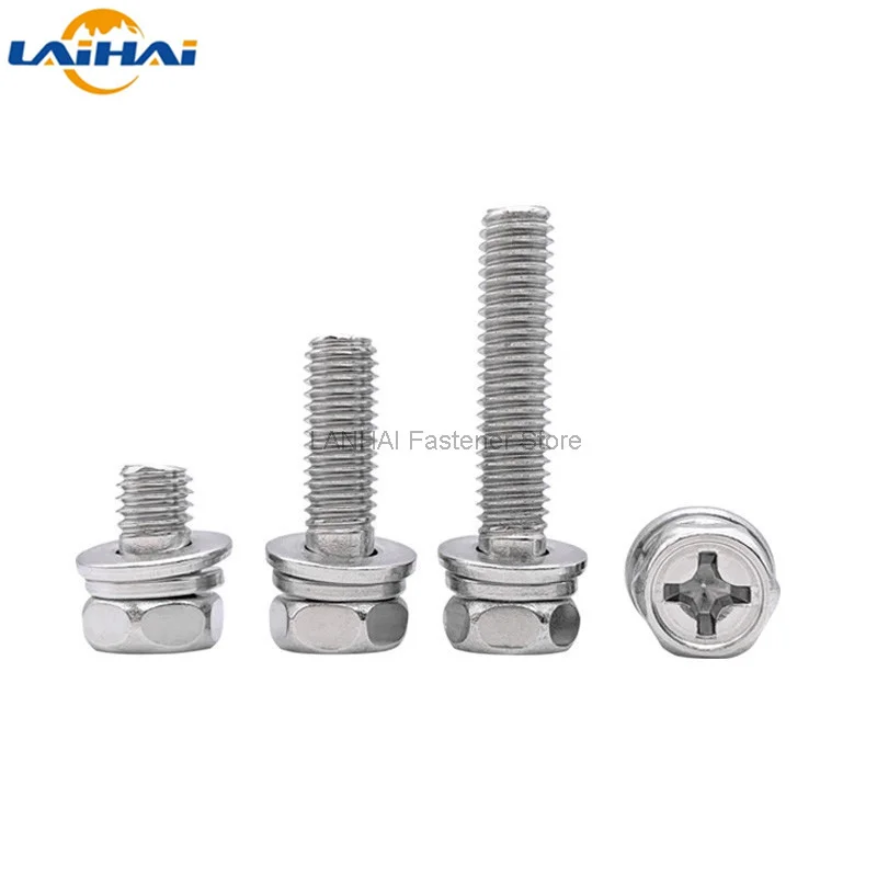 

5/50pc M3 M4 M5 M6 M8 Stainless Steel Cross Phillips External Hex Hexagon Head SEM Screw Flat Washer Spring Gasket Assemble Bolt