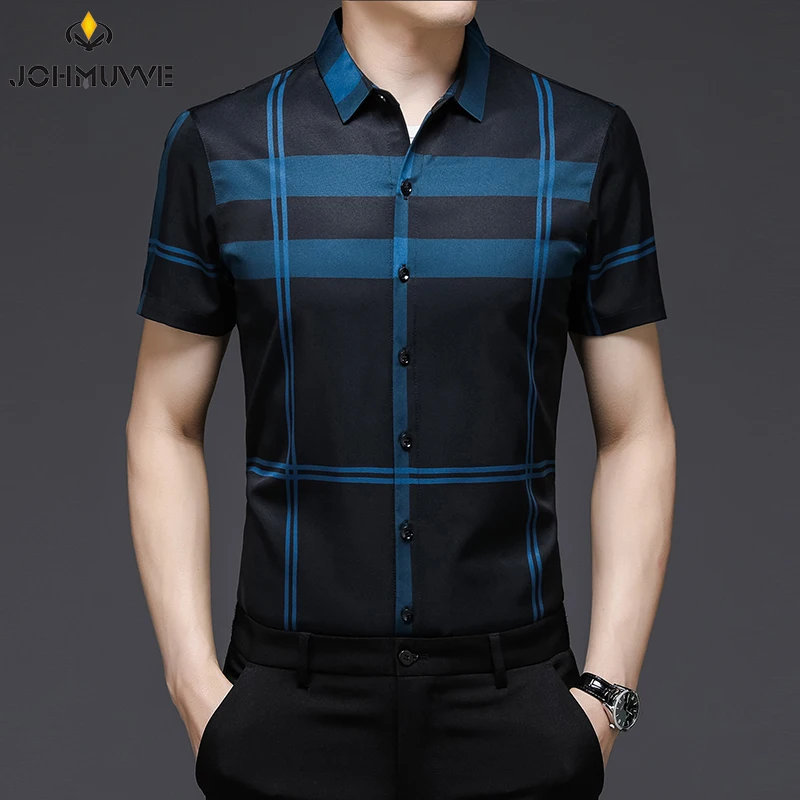 JOHMUVVE Fast Shipping New Men's Short Sleeve Striped Printed Shirt Casual Short Sleeve Top