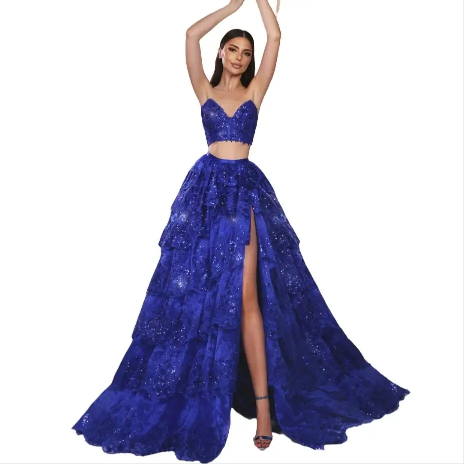 Вечерние платья из 2 предметов женские многослойные юбки с блестками и разрезом
