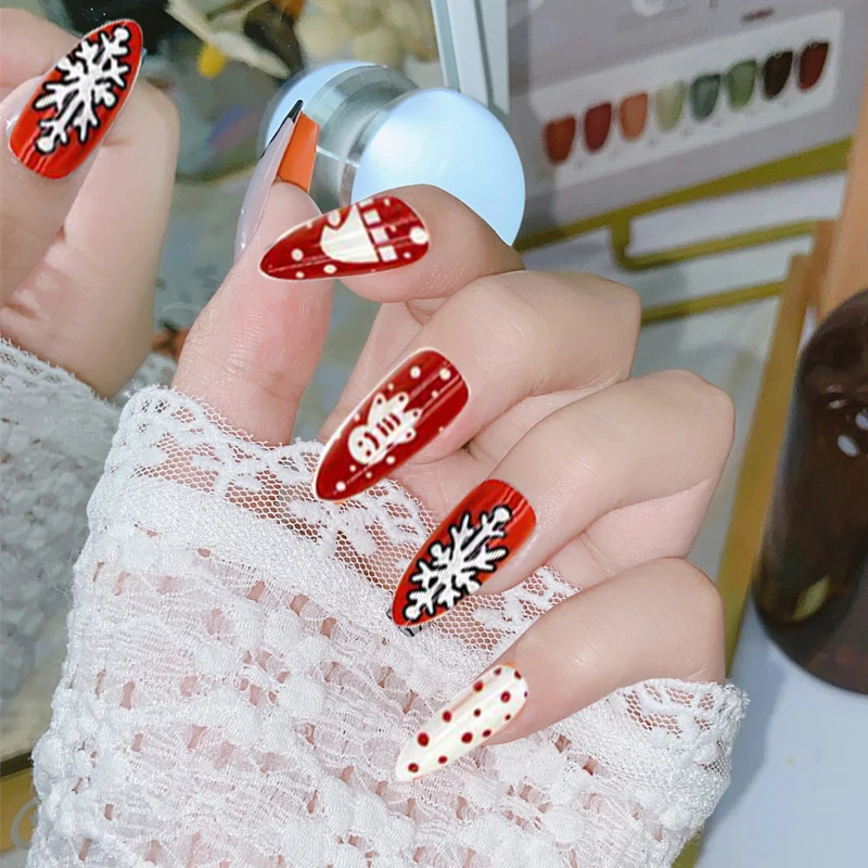 

Christmas Series False Nails Cartoon Snowman Elk Fake Nails Colorful Removable Reusable Nails Set Press On Full Cover Nail Art
