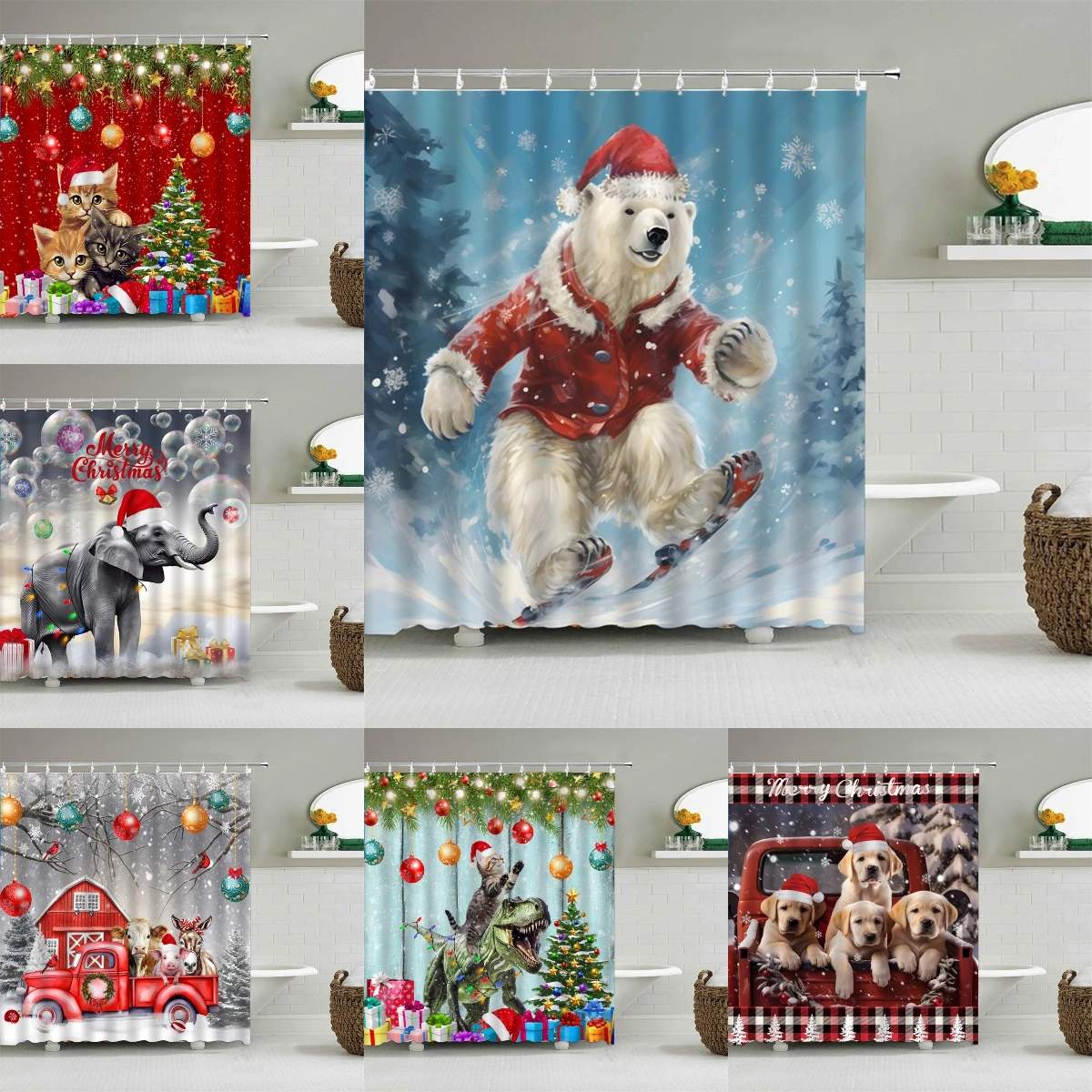 

Рождественская занавеска для душа с изображением животных, снеговик, медведь, лошадь, кот, слон, динозавр, красный грузовик, Рождественская елка, снежинка, украшение для ванной комнаты