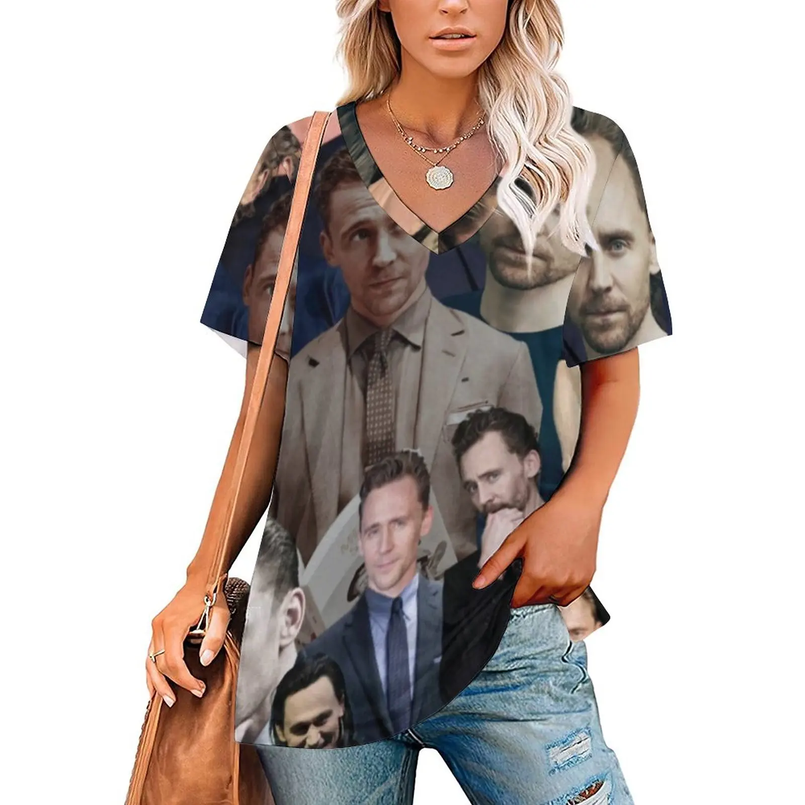 

Tom Hiddleston Collage T-Shirts Tv Character V Neck Casual Oversized T-Shirt Short Sleeve Women Tshirt Summer Graphic Top Tees