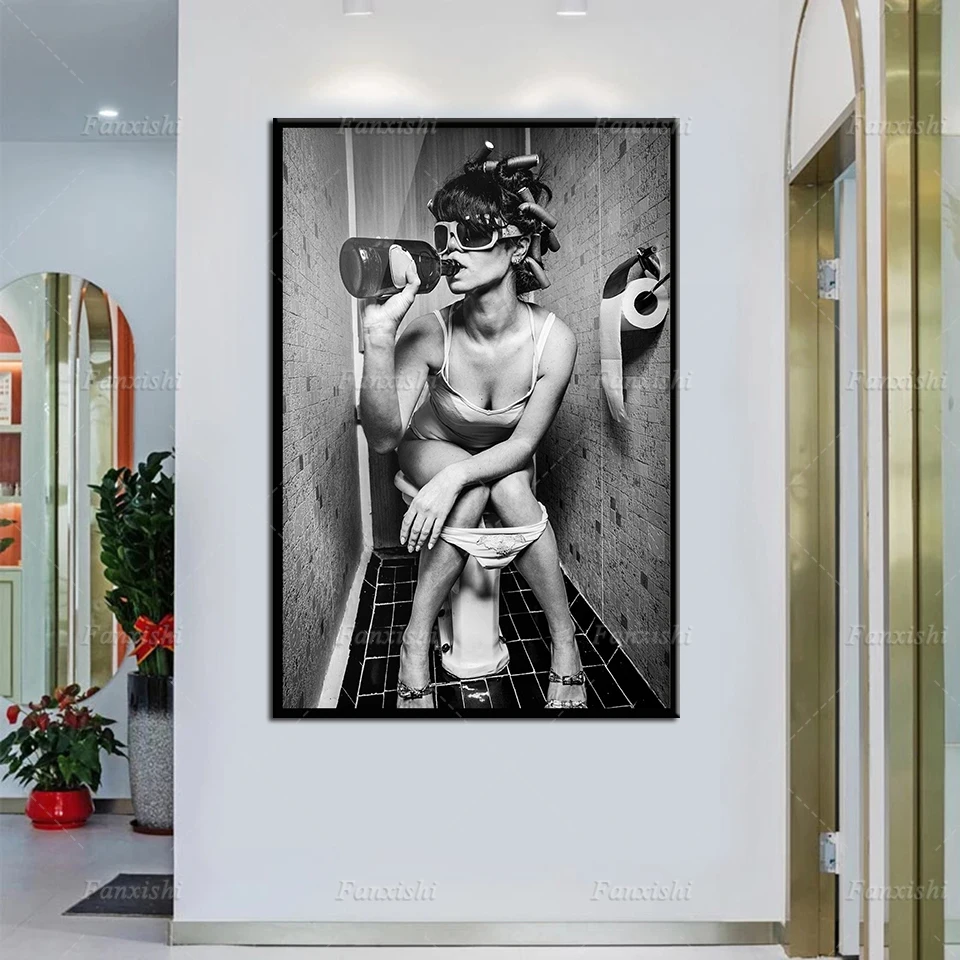 

Party Girl Bathroom Print Poster Black And White Women Wall Art Modular Picture Home Decor Canvas Painting Bathroom Toilet Decor
