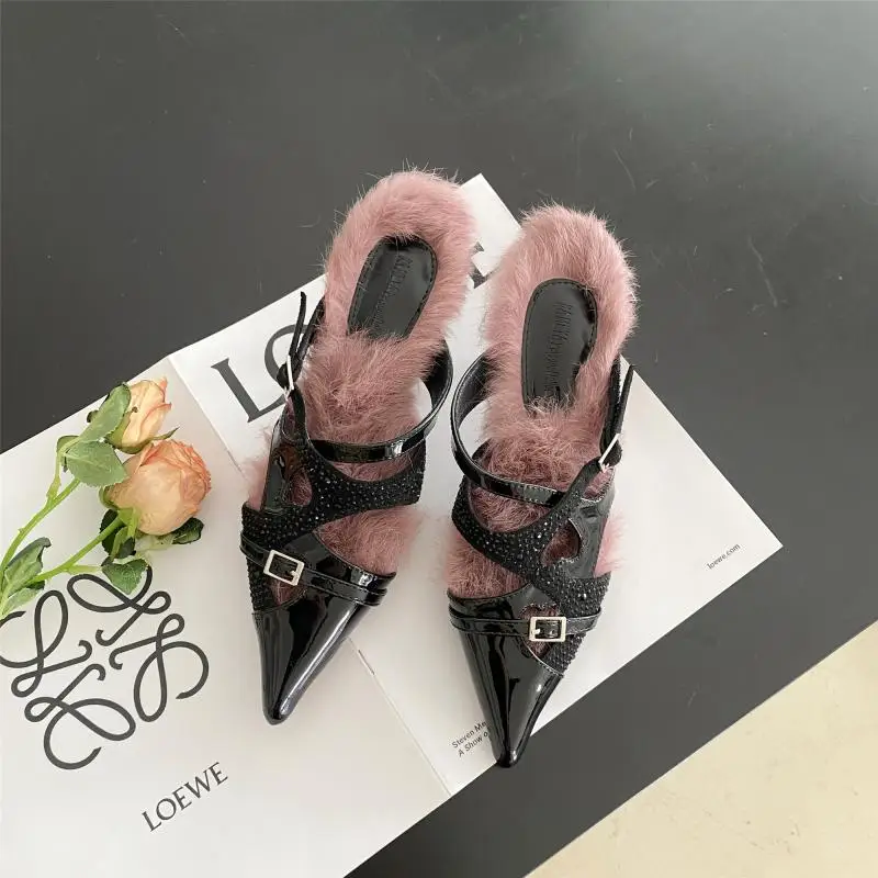

Heart Rabbit Hair Stitching Irregular Middle Heel Women's Shoes Rhinestone Hollow Pointed Muller Shoes Women's Slippers Fashion
