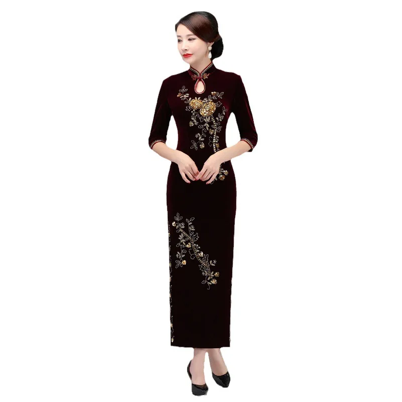 Платье-Ципао женское с воротником-стойкой пикантный китайский халат бархатными