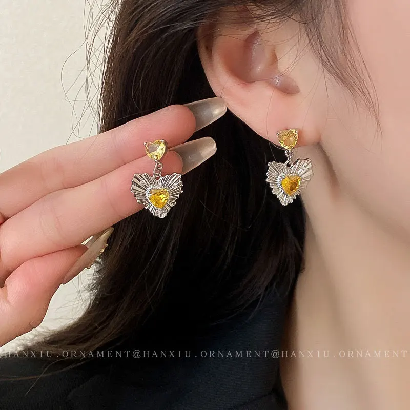 

Женские серьги в виде сердца из желтого циркония, серебряные серьги в форме сердца, корейская бижутерия, Y2k