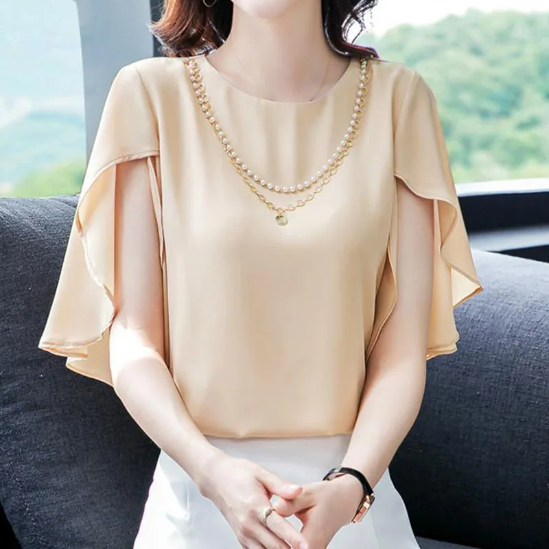 

Летние женские новинки 2022 года, элегантные элегантные рубашки с круглым вырезом и рукавом-бабочкой, повседневные однотонные шифоновые пуловеры, блузки для женщин
