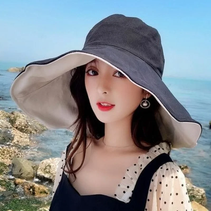 

Spring Summer New Big Wide Brim Women Bucket Hat Solid Color Foldable UV Protection Outdoor Beach Panama Cap Sun Hats
