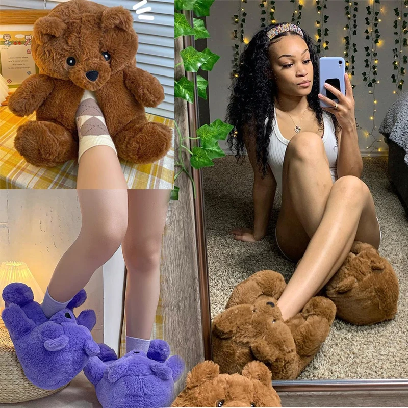 

Teddy Bear Plush Slippers Cartoon Cute Bear Home Slippers Winter Furry Artificial Fur Skateboard Shoes Slip-Proof Flip-Flops