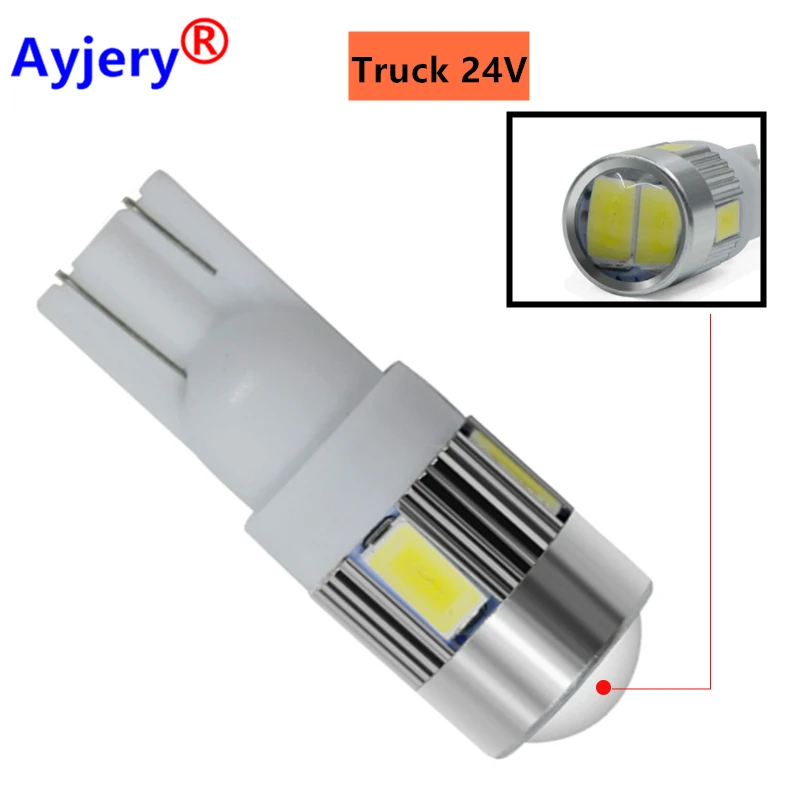 

AYJERY Truck 24V 12V DC 100PCS T10 194 168 W5W Leds 5630 6 SMD Lens White Led Lights for Car Clearance Light License Plate Lamps