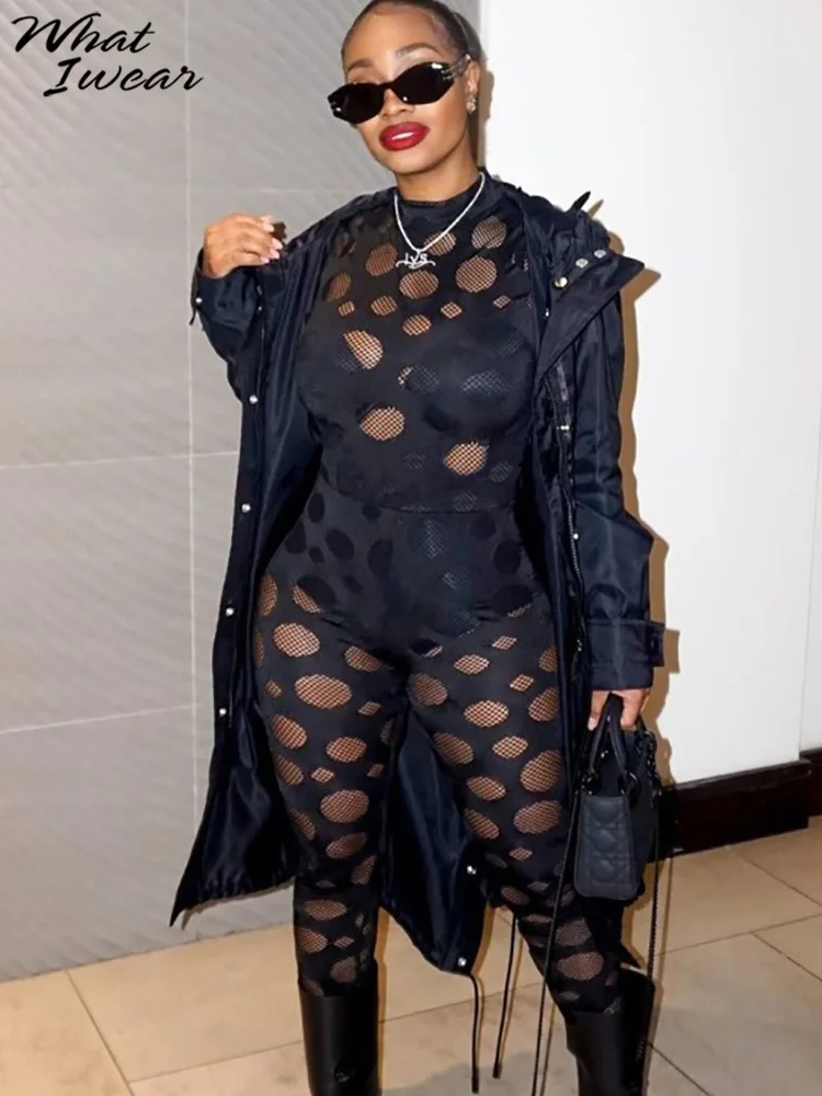 

Whatiwear Mesh Cave Sexy Black Women's Clothing Two Pieces Set Long Sleeve Pants Thin Hot Girl Nightclub Style Trendy Spring