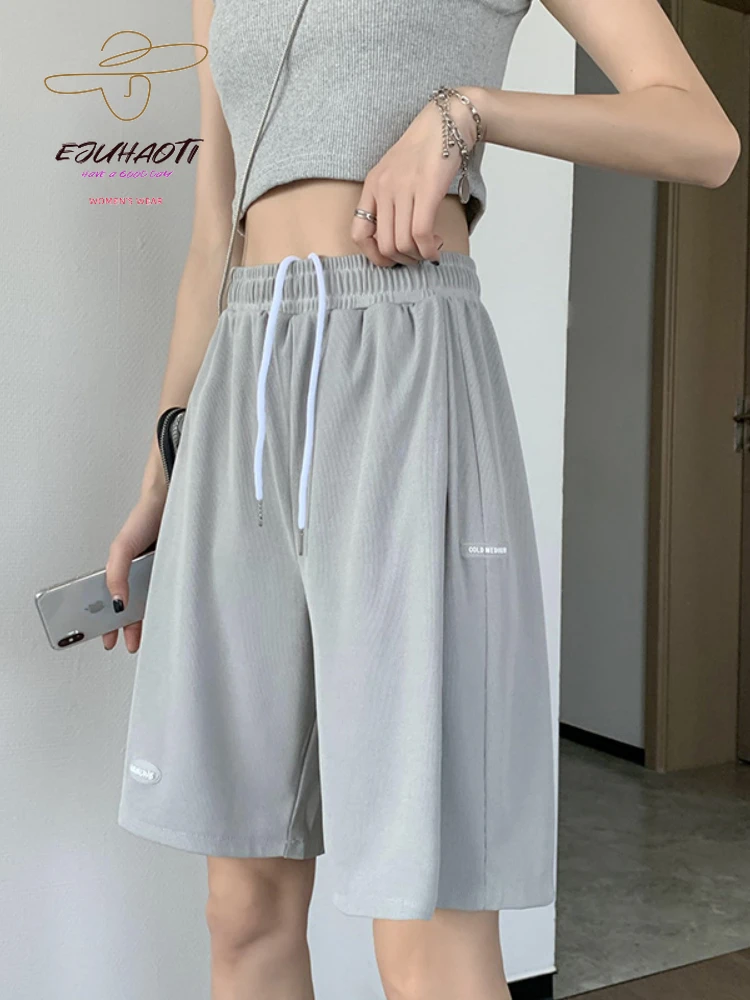 

Капри женские из вискозы с широкими штанинами, тонкие свободные повседневные спортивные брюки с завышенной талией в Корейском стиле, уличная одежда, лето 2023