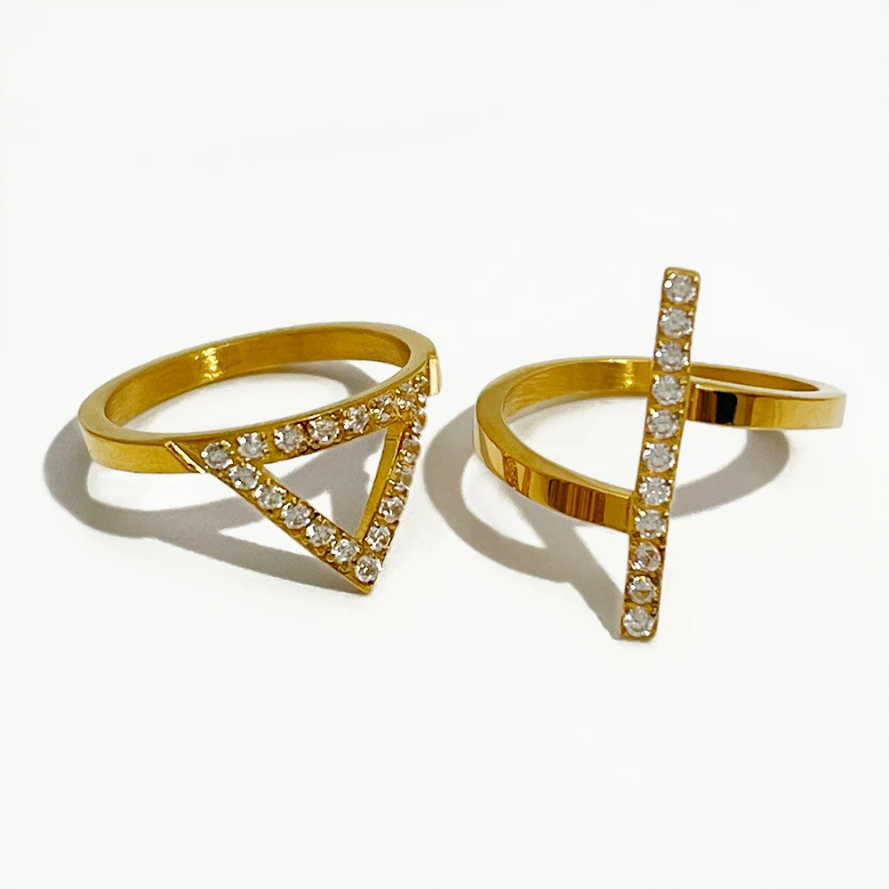 

Peri'sBox Stainless Steel Triangle Bar Pave Cz Ring Women's Gold Tone Tiny Zircon Stackable Rings Gifts Minimalist Geometric