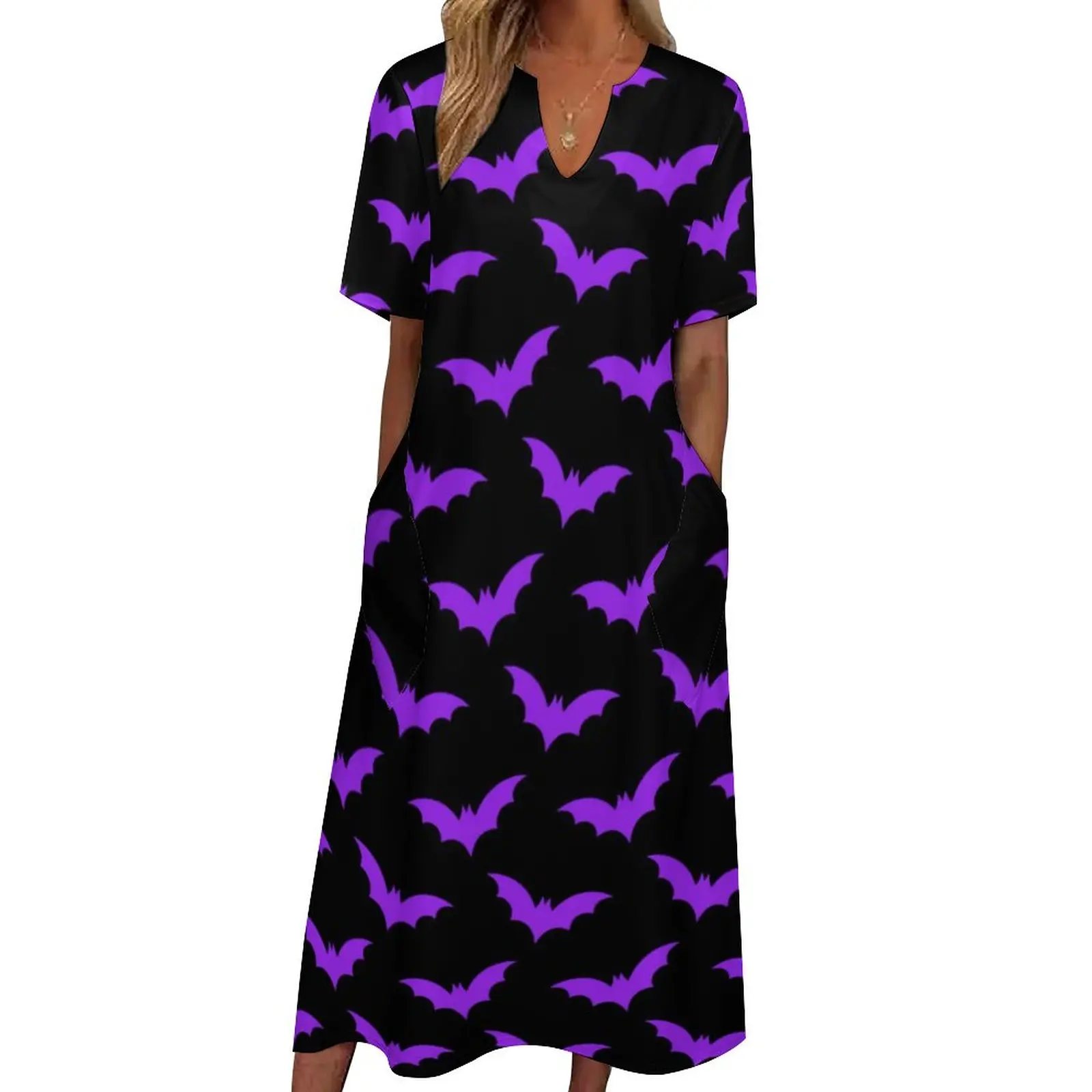 

Halloween Dress Black and Purple Bats Modern Maxi Dress Street Fashion Bohemia Long Dresses Summer Short Sleeve Graphic Clothe
