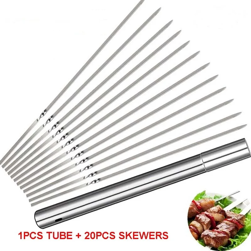 20 PCS Stainless Steel Kabob Skewers 14" Heavy Duty Grilling Skewer Long Resuable BBQ Sticks for Shish Meat Shrimp with Tube