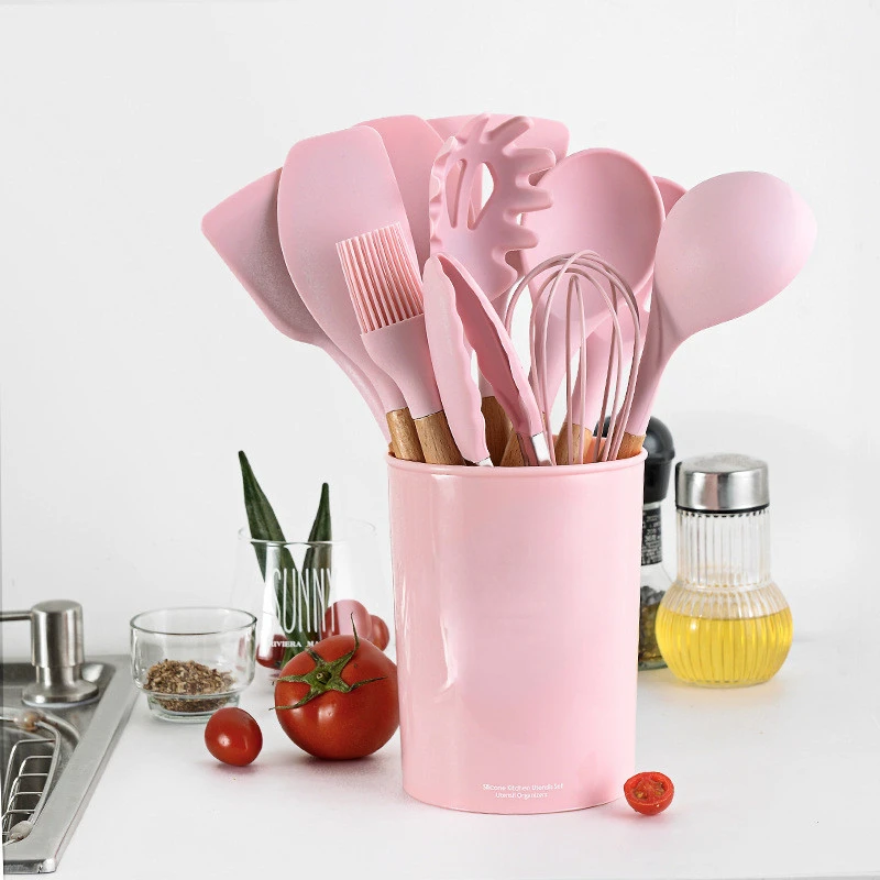 

2022New Pink Kitchenware Kitchen Cooking Utensils Set Heat Resistant Non-Stick Cooking Utensils Baking Tools with Storage Box