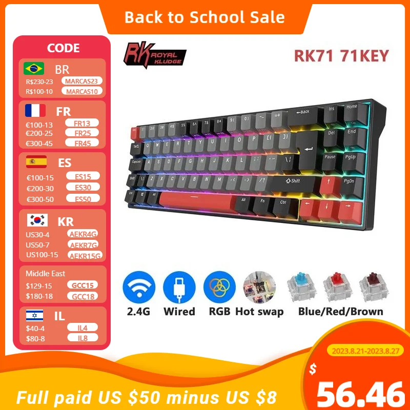 RK ROYAL KLUDGE RK71 2.4G Wireless ISO Layout Mechanical Keyboard 71 Keys RGB Backlit Hot-swappable Gaming Keyboard Software