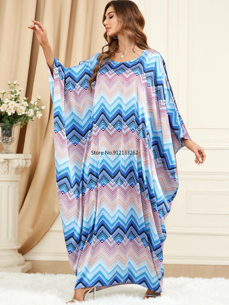 Maxi Dresses for Women 2023 Summer Fashion Style Blue Muslim Women Long Sleeve O-neck Polyester Long Abaya Muslim Dresses