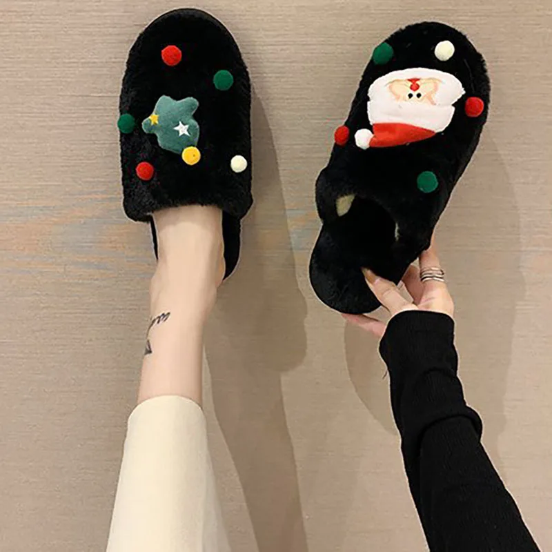 

Women's Slippers Warm Plush Cute Elk Reindeer Christmas 2021 Winter Slip on Flat Female Soft House Shoes Ladies Comfort Y