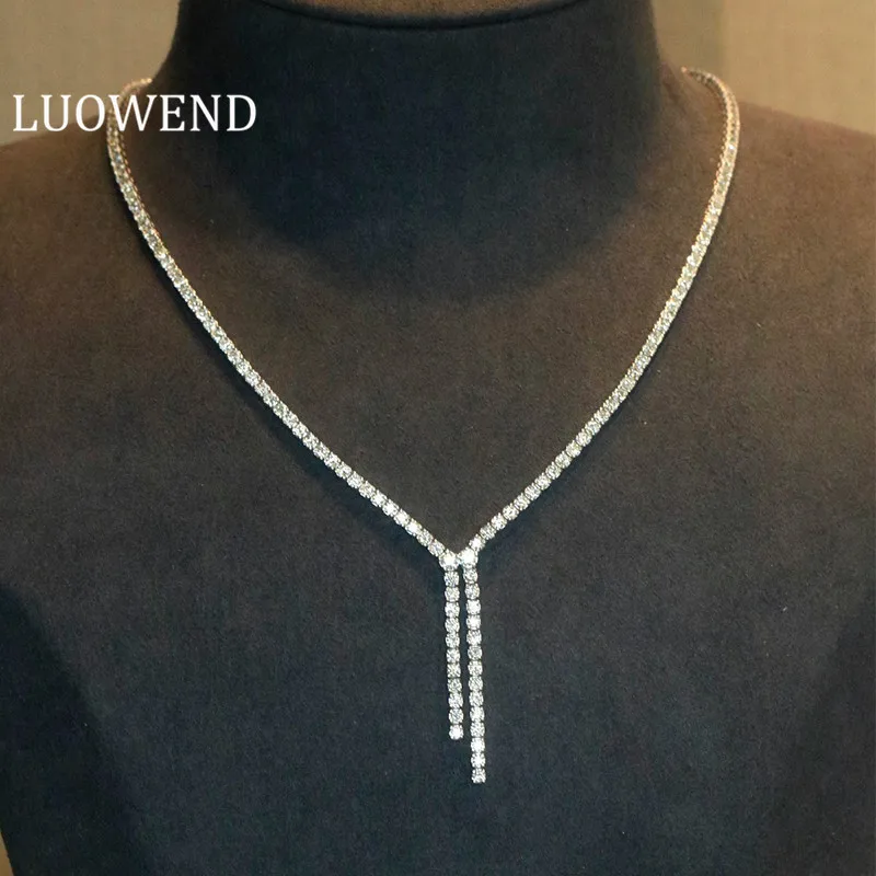 LUOWEND 18K White Gold Necklace Real Natural Diamond Tennis ChainTassel Design Gorgeous Necklace Wedding Jewelry for Women