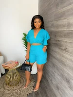 summer fashion two piece set women casual ruffled sleeve v neck tops shorts two piece pants suit women