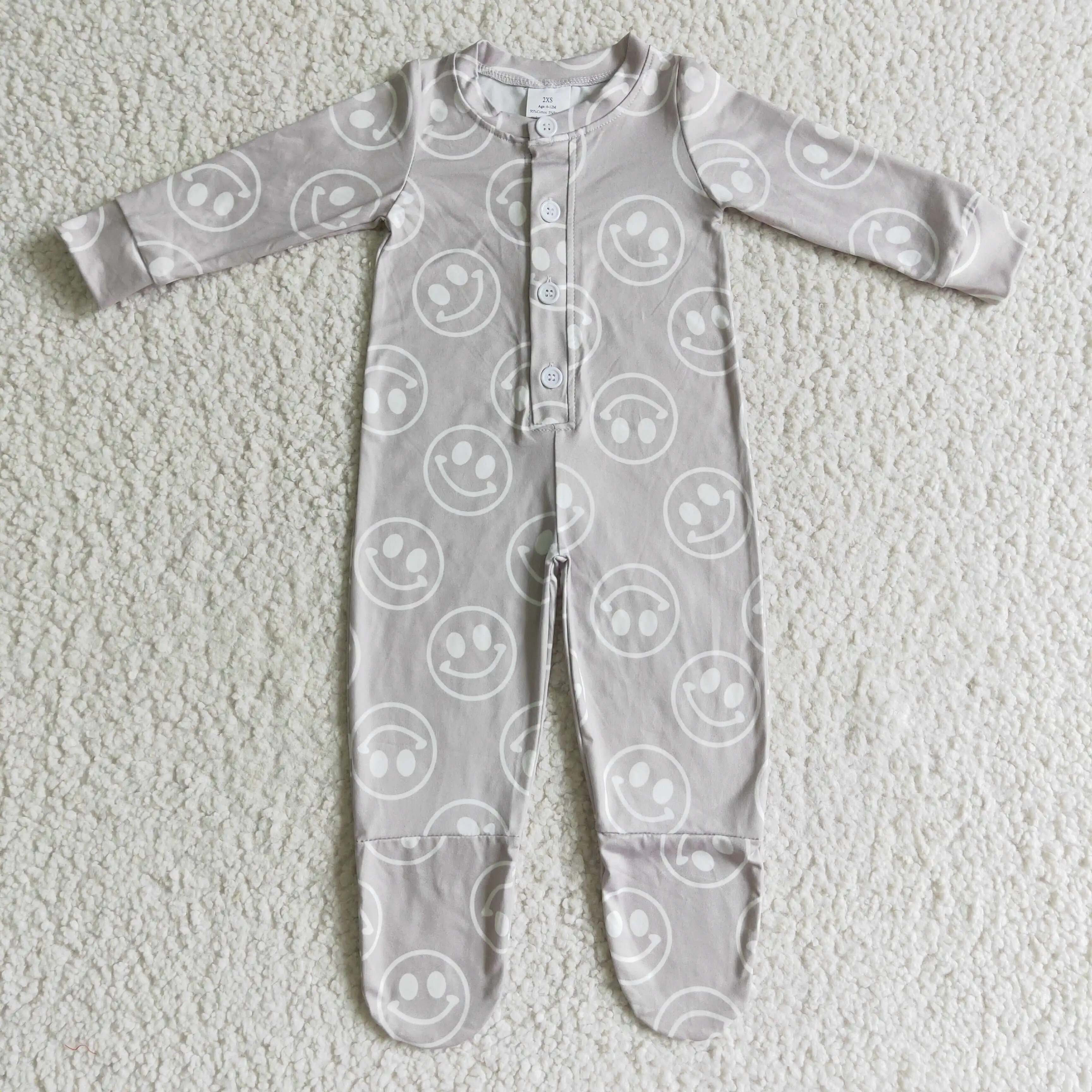 

High Quality RTS Kids Long Sleeve Clothes Baby Girls Footed Toddlers Newborn Grey Rompers
