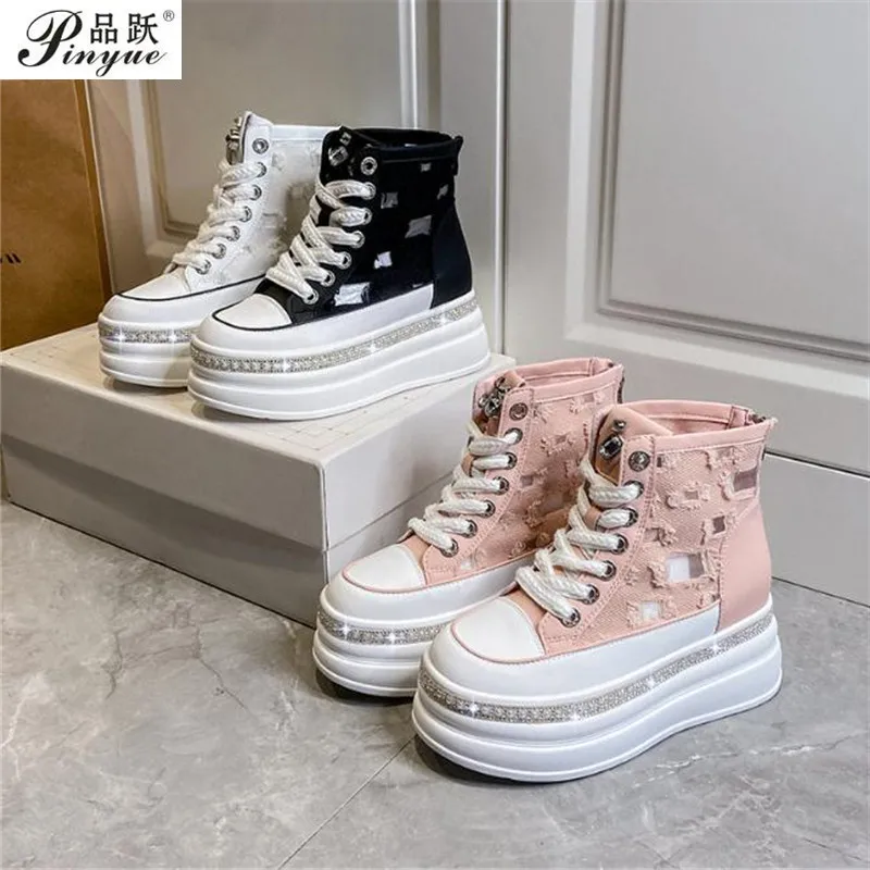 

Women New High-top Inner Increase Rhinestone Canvas Shoes Women Hollow Breathable Casual Thick-soled Women's Sneaker Shoes