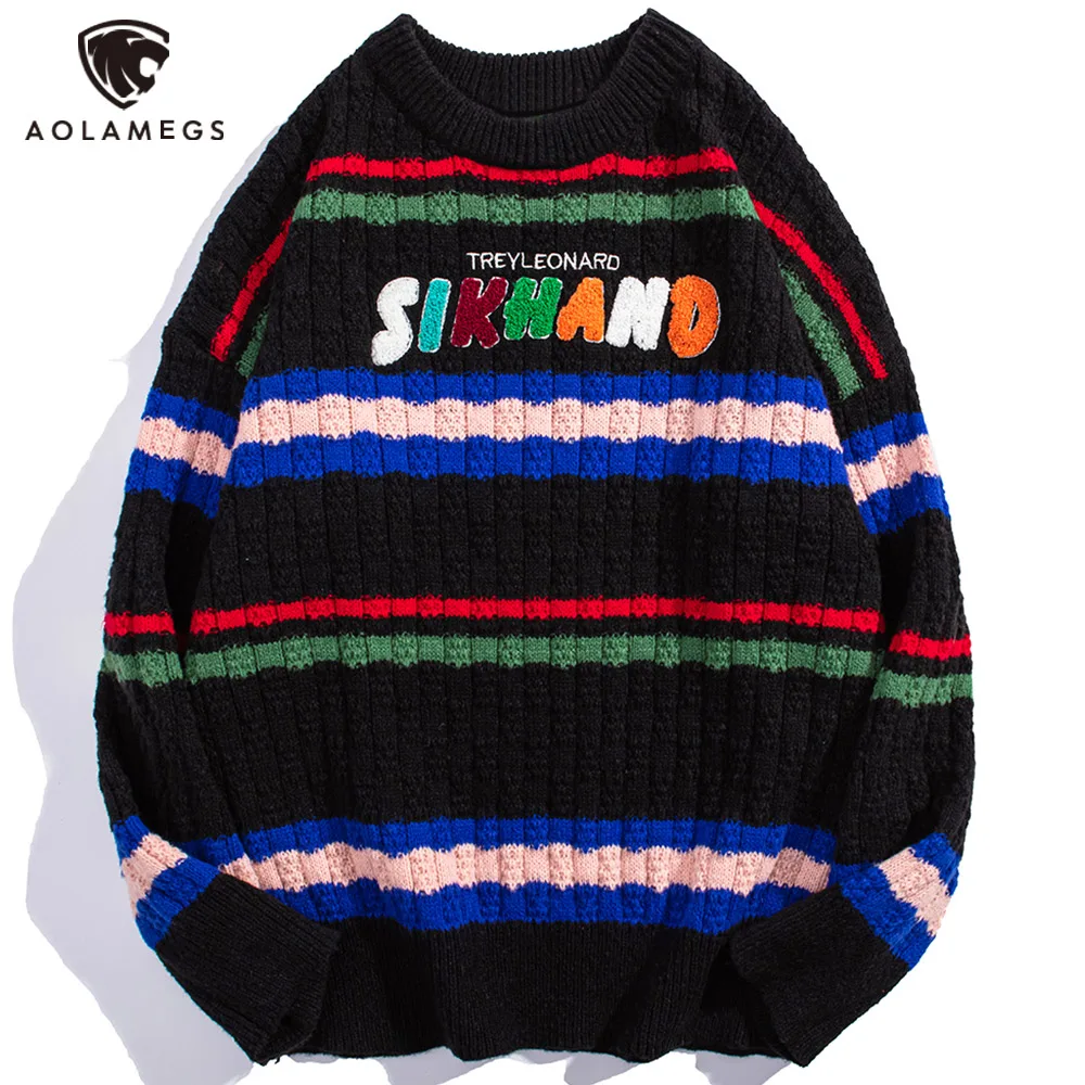 

Aolamegs Men's Baggy Sweater Striped Hit Color Letter Embroidery Long Sleeves Pullover Autumn Casual Hip Hop Fashion Streetwear