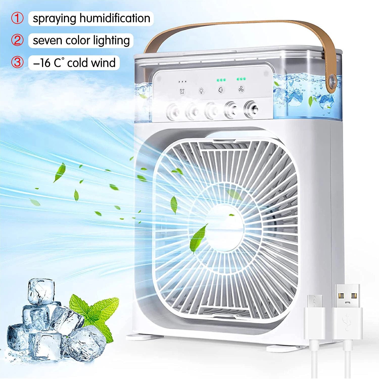 

3 In 1 Portable Fan Air Conditioner Humidifier Cooling USB Fan Air Cooler LED Night Light Water Mist Humidification Fans