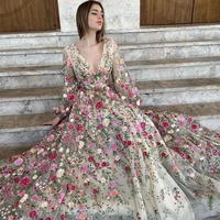 sevintage elegant floral tulle prom dresses long sleeves v neck lace appliques a line evening gown formal party dress 2022