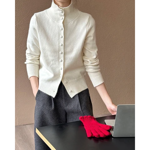 2024, женский мягкий вязаный свитер с воротником-стойкой, длинным рукавом, кардиганы на одной пуговице, одежда, топы для женщин, свитер Pull Femme