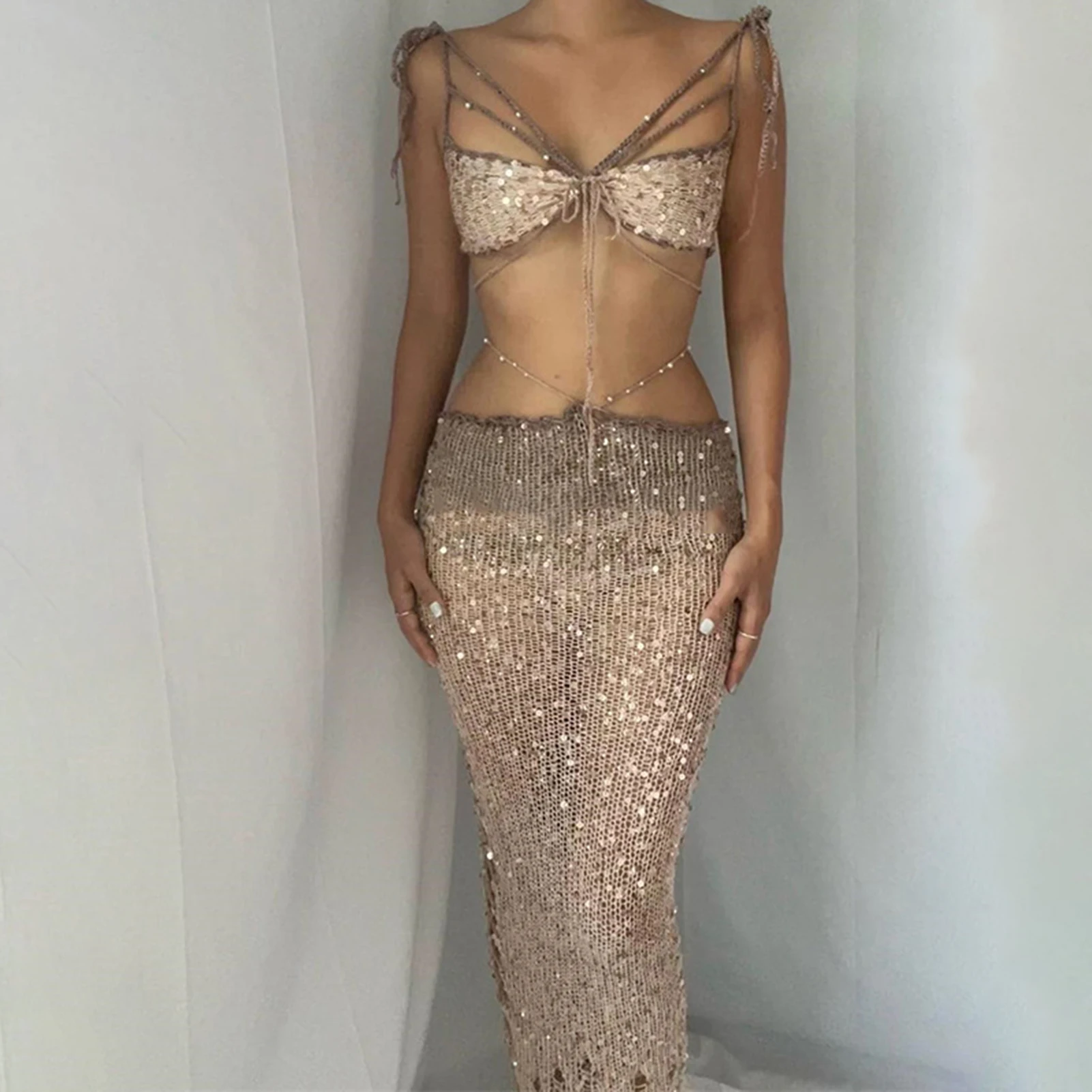 

Sequin Beaded Knitted Skirt Set Solid Color Women Crochet Tie Up Top Skirt Square Neck Navel Exposed Sleeveless Vacation Outfit