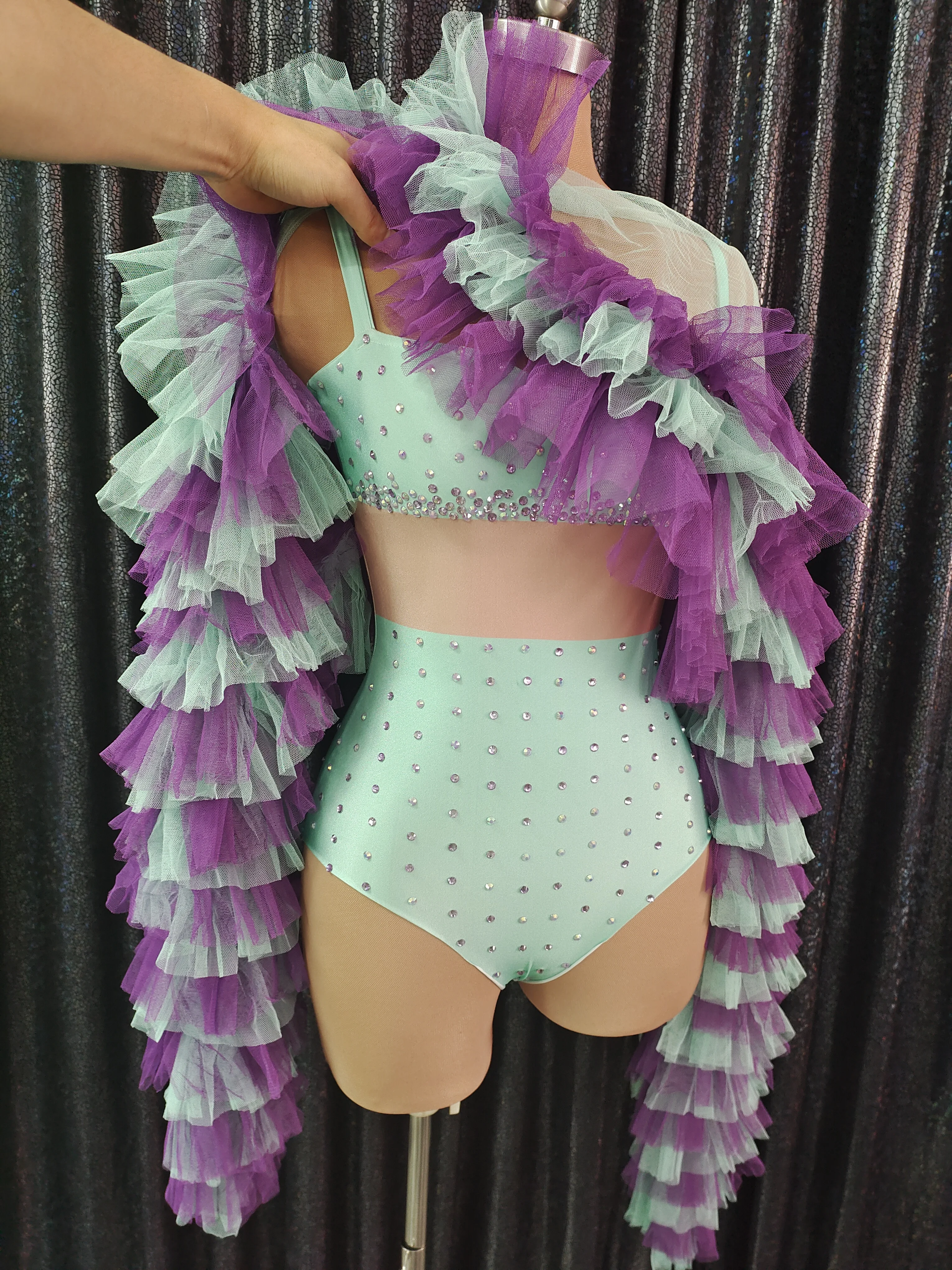 Purple blue lace patchwork mesh Spandex dress pants Birthday party Nightclub Bar concert DJ singer/dancer costume |