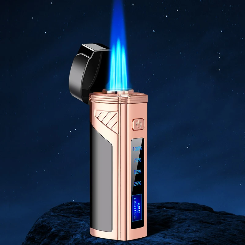 Brand New Fingerprint Touch Sensor 3 Flame USB Plasma Charge Windproof Butane Gas Lighter Cigar Accessories Mens Gift Gadget