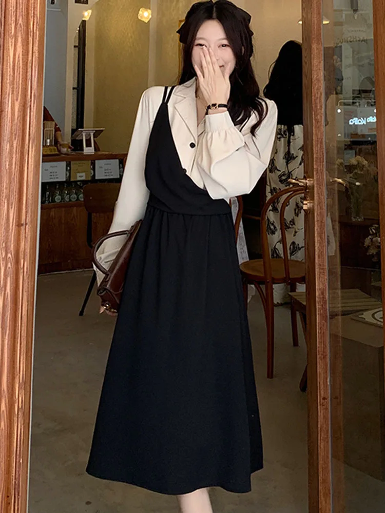 

Женское офисное платье с длинным рукавом, женское универсальное модное Повседневное платье до середины икры, Повседневное платье большого размера в стиле пэчворк, два черных платья с имитацией обманки