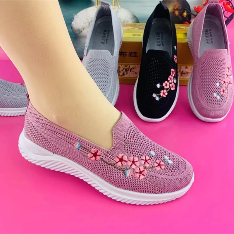 Women Sneakers Mesh Breathable Floral Comfort Mother Shoes Soft Solid Color Female Casual Footwear Lightweight Zapatos De Mujer