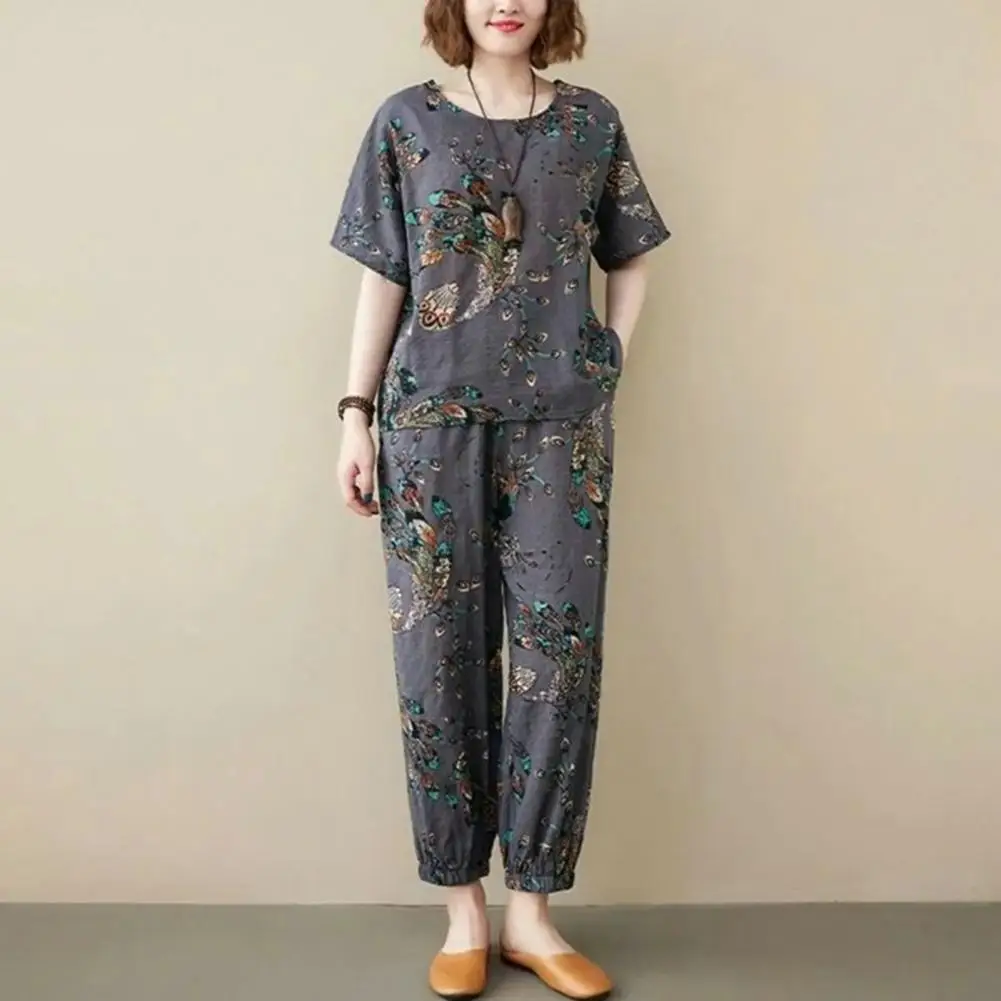 

2Pcs/Set Simple Retro Outfit Crew Neck Loose Outfit Elastic Waistband Peacock Print Vintage Office Lady Outfit Sportwear