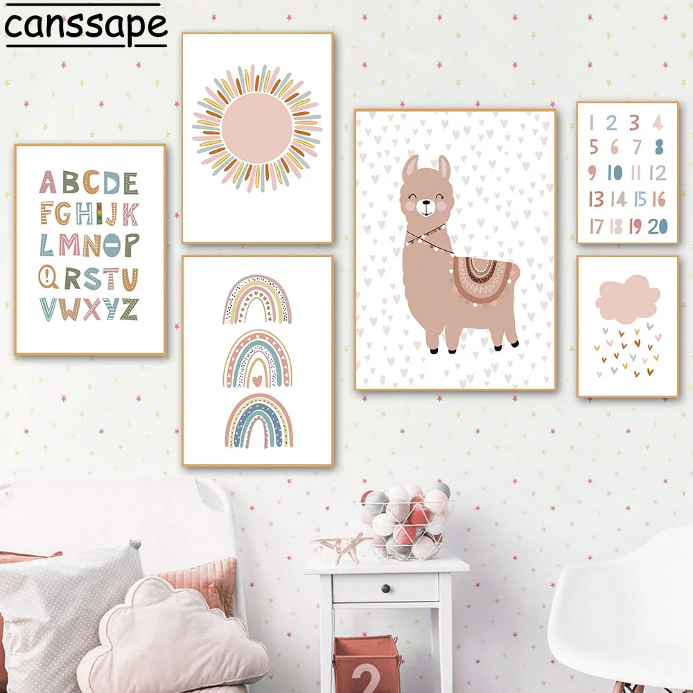 

Sunshine Rainbow Posters Number Alphabet Art Print Nursery Canvas Art Painting Alpaca Poster Nordic Wall Picture Kids Room Decor