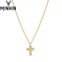 minhin cross necklace shiny round cubic zirconia pendant necklaces for women stainless steel gold color chain fashion jewelry